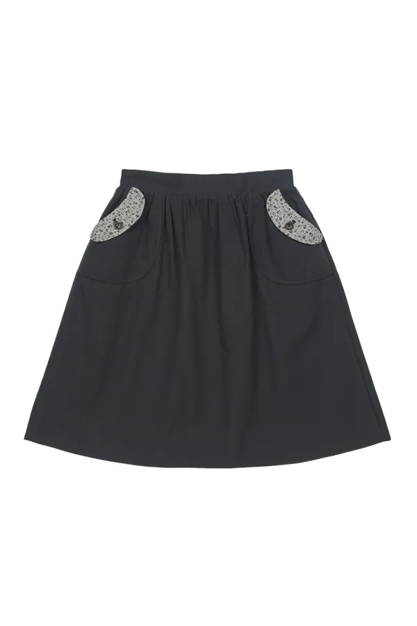 FLORAL POCKET BANDING MIDI SKIRT, DEEP NAVY