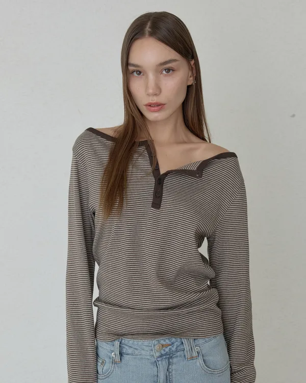 STRIPE BUTTONED LINE TEE - BROWN