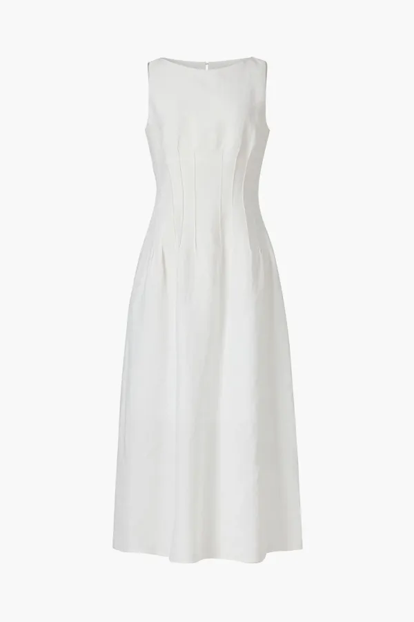 Linen Boat-Neck Pintucked Dress, Ivory
