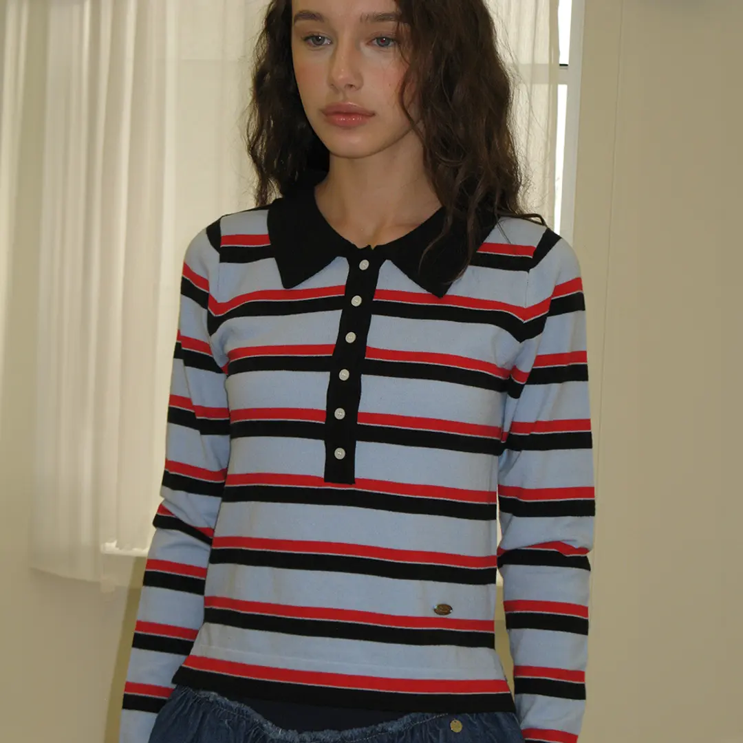 론론 STRIPE HENRYNECK COLLAR SLIM LONG SLEEVE KNIT BLUE RED 상품 이미지 2