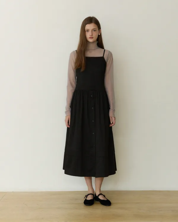 Thin line raw rise button long dress - black