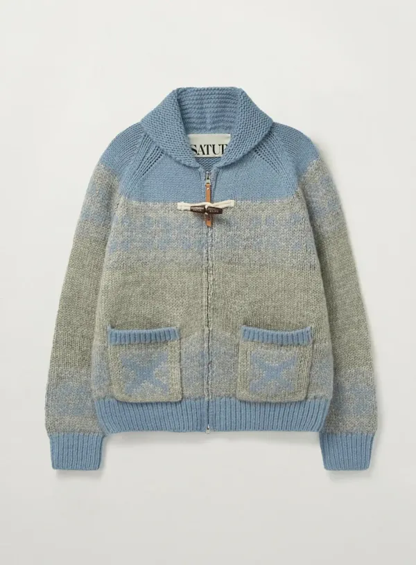 (W) Cowichan Knit Zip-up Cardigan - Sky Blue