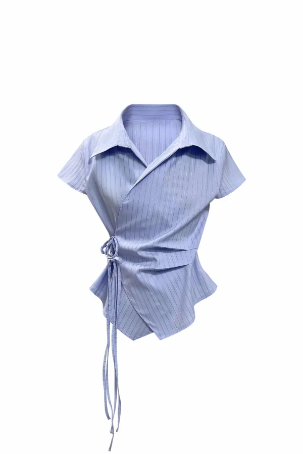 EVE STRIPE WRAP CAP SLEEVE SHIRT / SKY BLUE