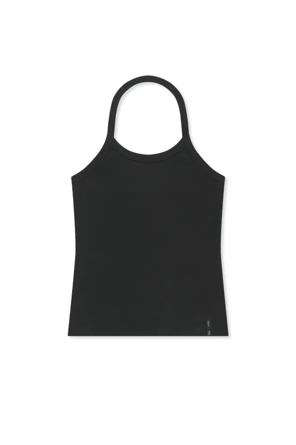 LABEL DETAIL HALTER TANK TOP IN BLACK