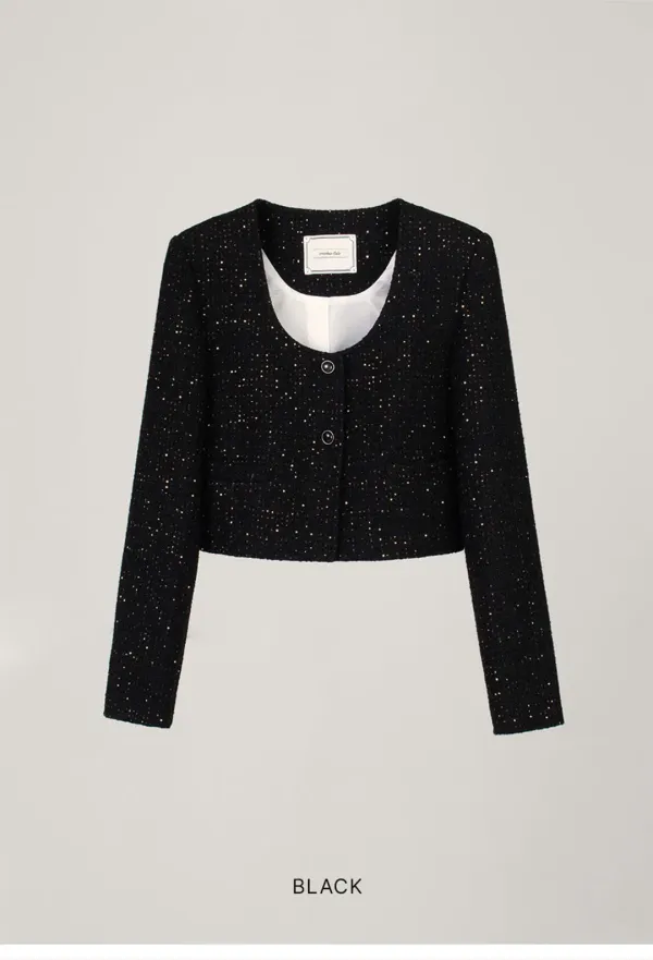 TWEED U NECK CROP JACKET_BLACK