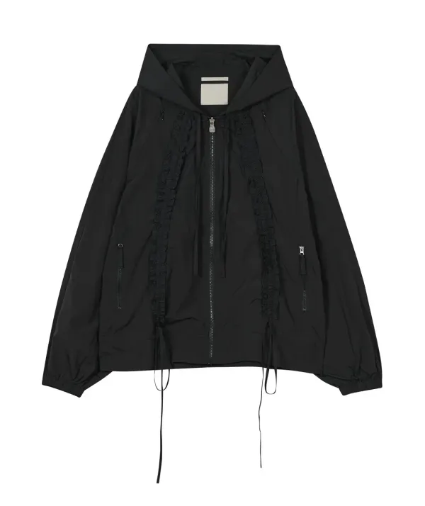Ruffled Raglan Zip Hoodie [Black]