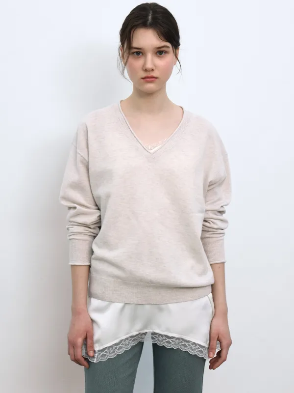 V NECK WOOL KNIT - OYSTER