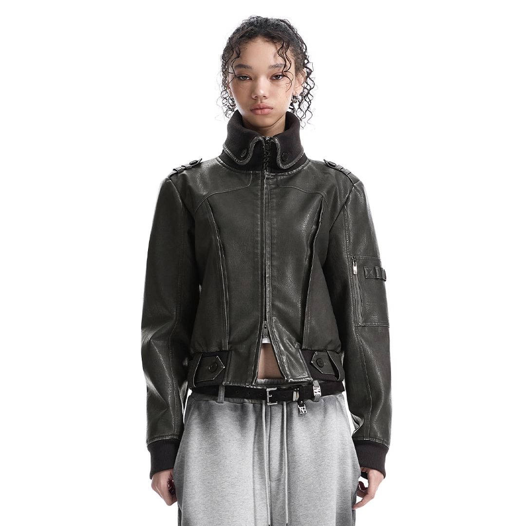 트리밍버드 High-Neck Leather Bomber Jacket [ Gray ] 상품 이미지 1