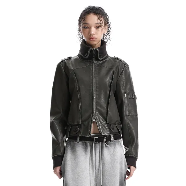 High-Neck Leather Bomber Jacket [ Gray ]
