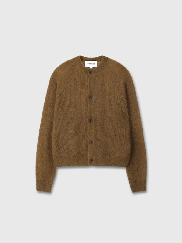 (W) WOOL AND MOHAIR RIBBED MESH CARDIGAN_ CAMEL
