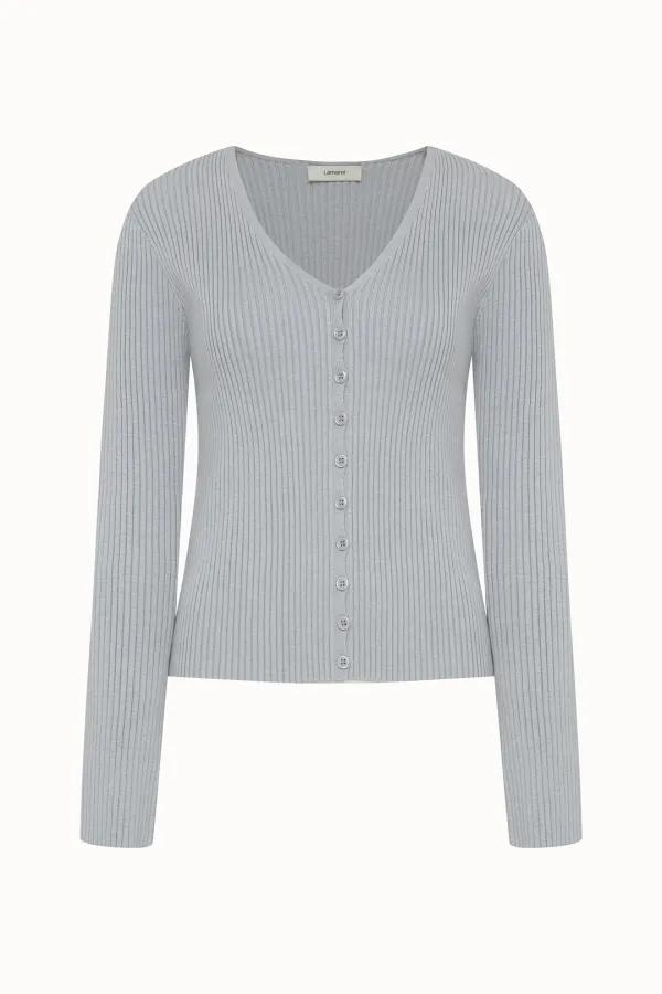 V-neck Ribbed Cardigan[LMBDSPKN234]-Light Gray