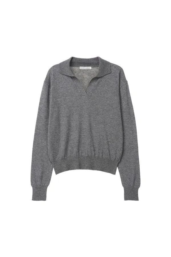 Spread-collar Knit Top, Grey