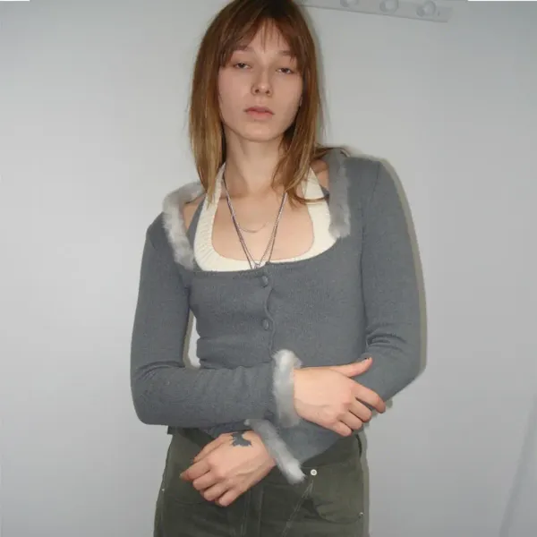 FUR TRIMMED KNIT CD & HALTER TOP (2 PIECES) (CHARCOAL)