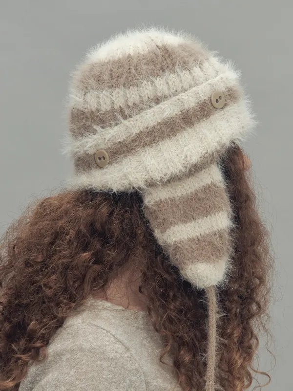 2 WAY EARFLAP BEANIE STRIPE BEIGE MIX