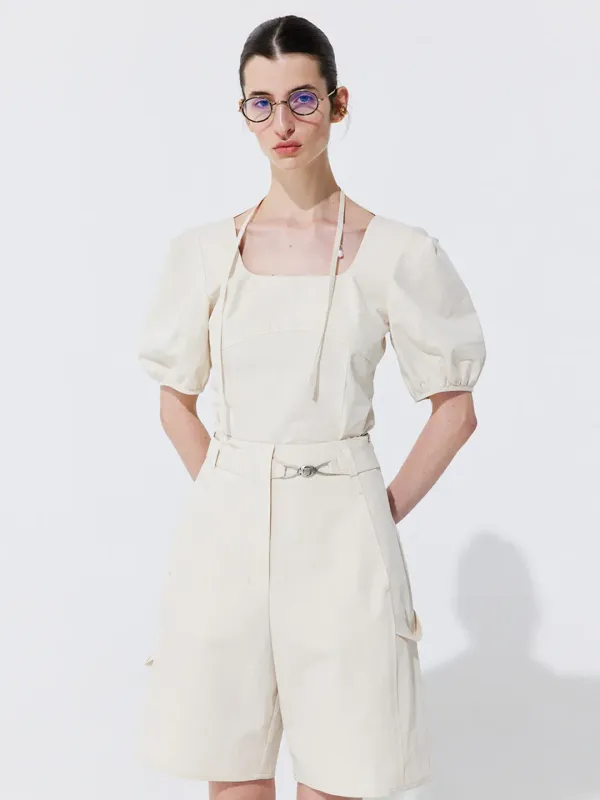 Belted Cotton Bermuda Pants_Cream