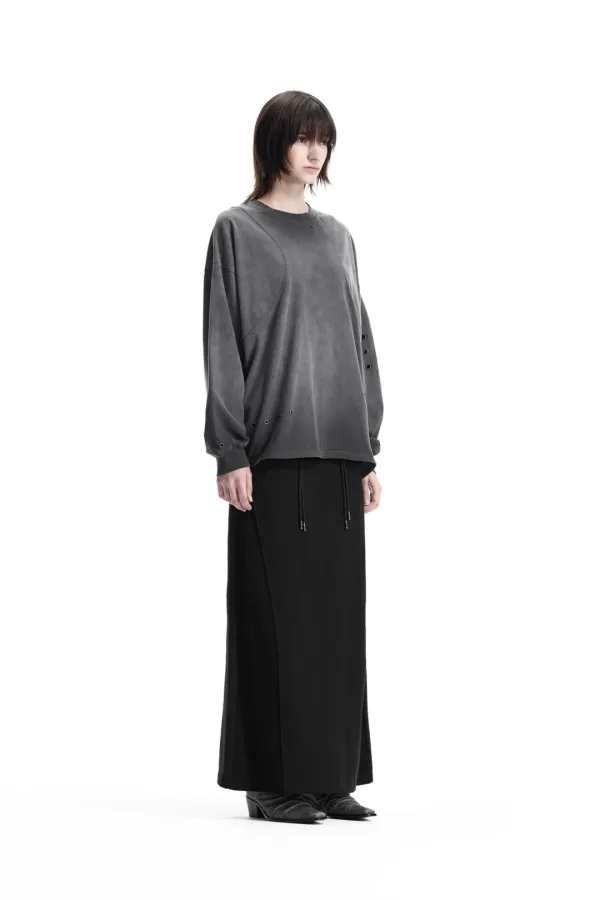 Eyelet Pigment-Washed Long-Sleeve Tee [ Charcoal ]