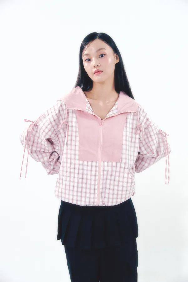 [아이브 레이 착용] Check Ribbon Wind Breaker Pink