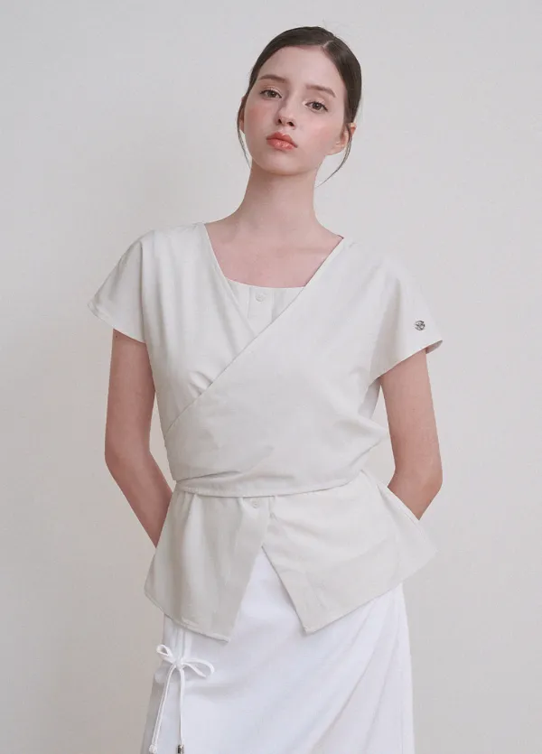  [44-120]  Eleanor Cap Sleeve Blouse  엘리너 캡 슬리브 블라우스 (여름-클래식룩-격식룩-케이프-슬리브리스-캡소매-크로스-레이어드-랩블라우스-빅사이즈-자체제작) 
