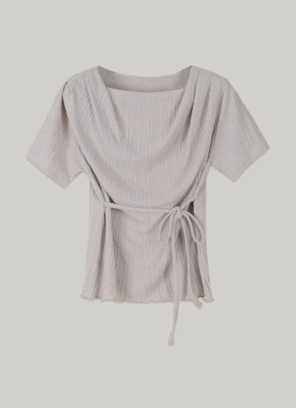 comos 1401 drape neck string detail T-shirt (pale pink gray)