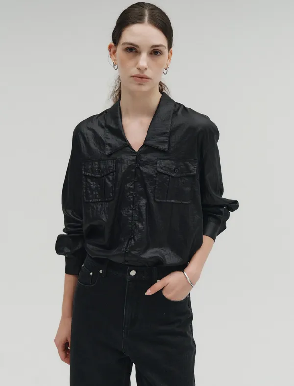 POCKET BUTTON GLOSSY SHIRTS [BLACK]