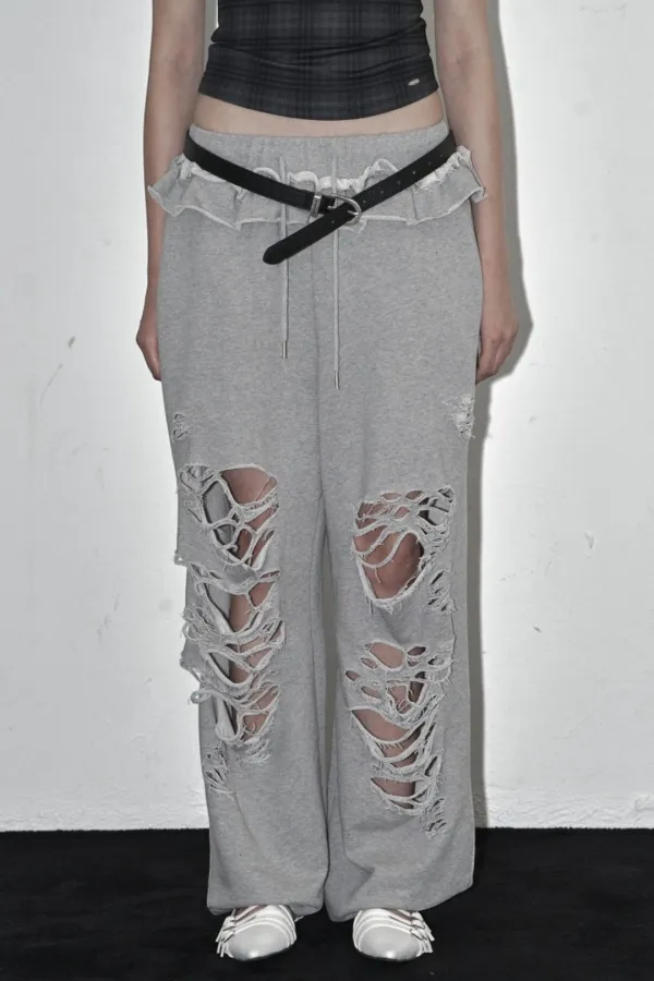 DISTRESSED FRILL SWEAT PANTS MELANGE