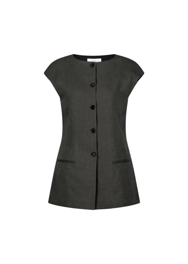 Linen Curved Vest, Khaki Grey