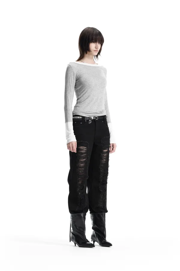 Layered Color Block Long-Sleeve T-Shirt [ Melange Gray ]