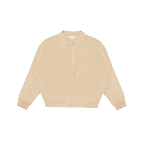Long Placket Henley Knit Top (milk tea beige)