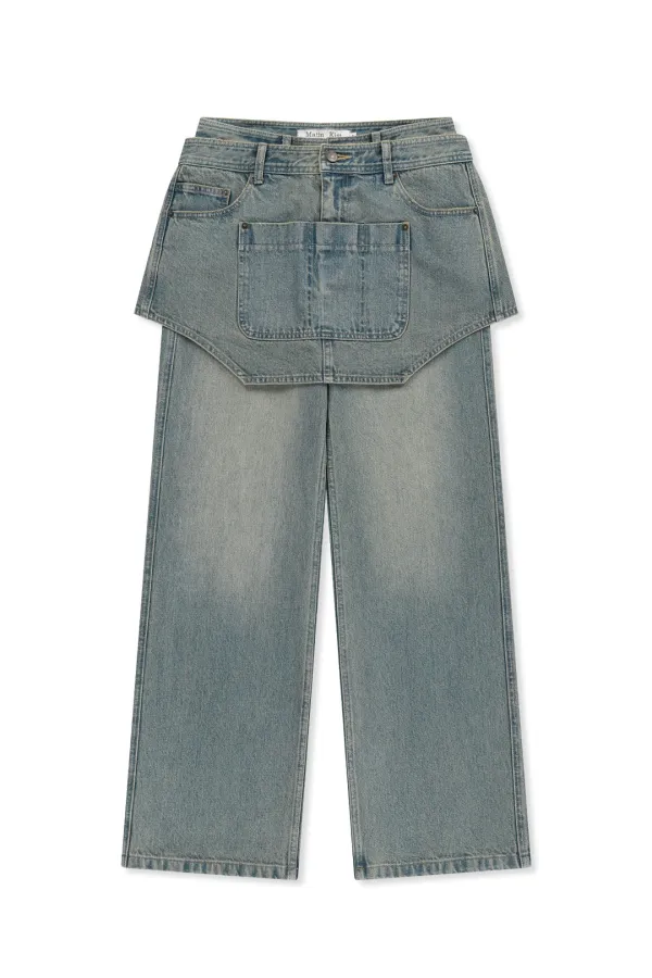 APRON LAYERED DENIM PANTS IN BLUE