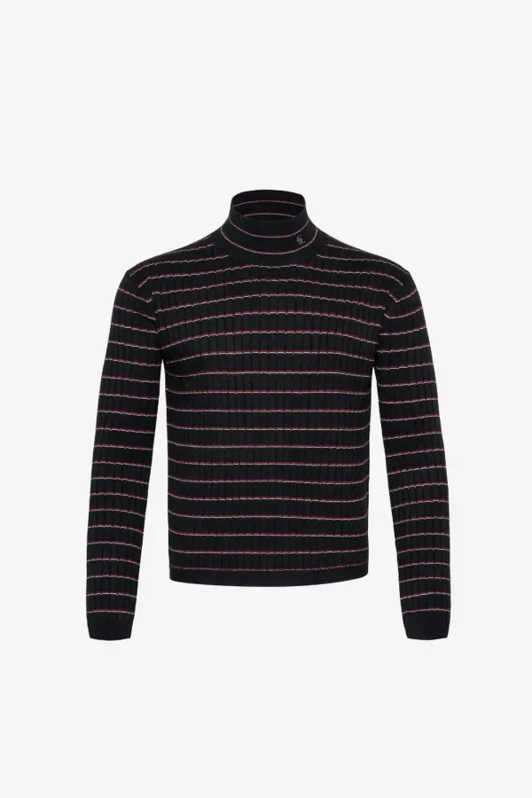 LOGO RIBBED HIGH NECK KNIT TOP - BLACK