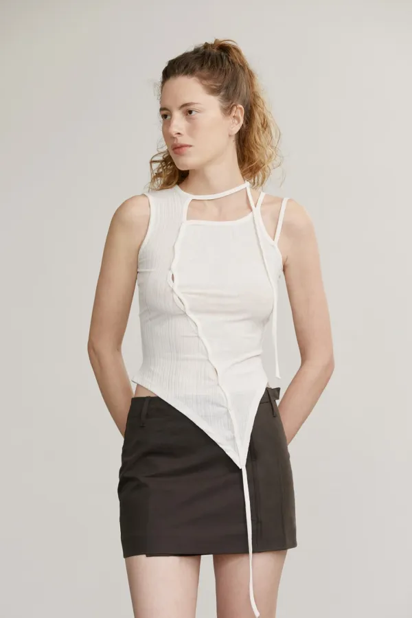 ASYMMETRIC NECKLINE SLEEVELESS TOP (CREAM)