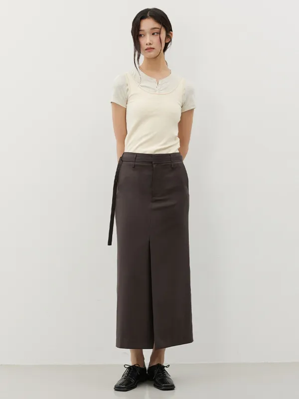 스트랩 테일러드 롱 스커트_DARK BROWN