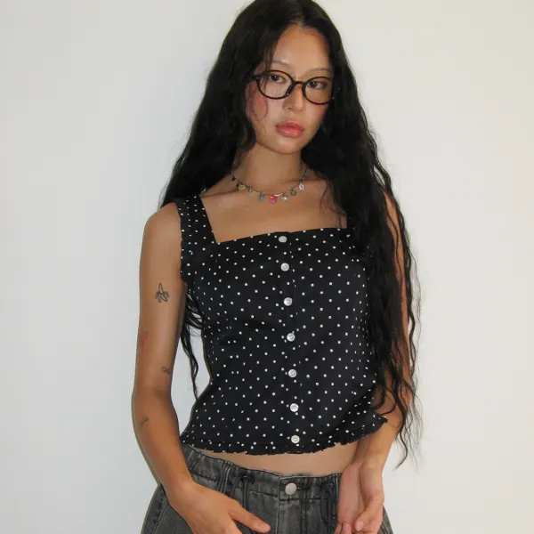 SQUARE NECK FRILL SLEEVELESS BLOUSE NAVY WHITE DOT