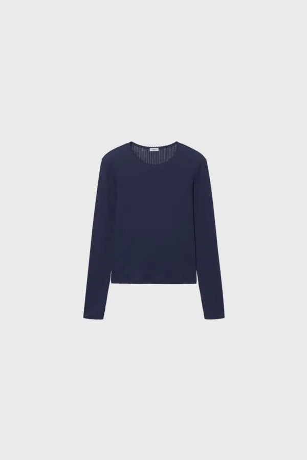 Scallop Ribbed Jersey Long Sleeve (White / Dark Navy)
