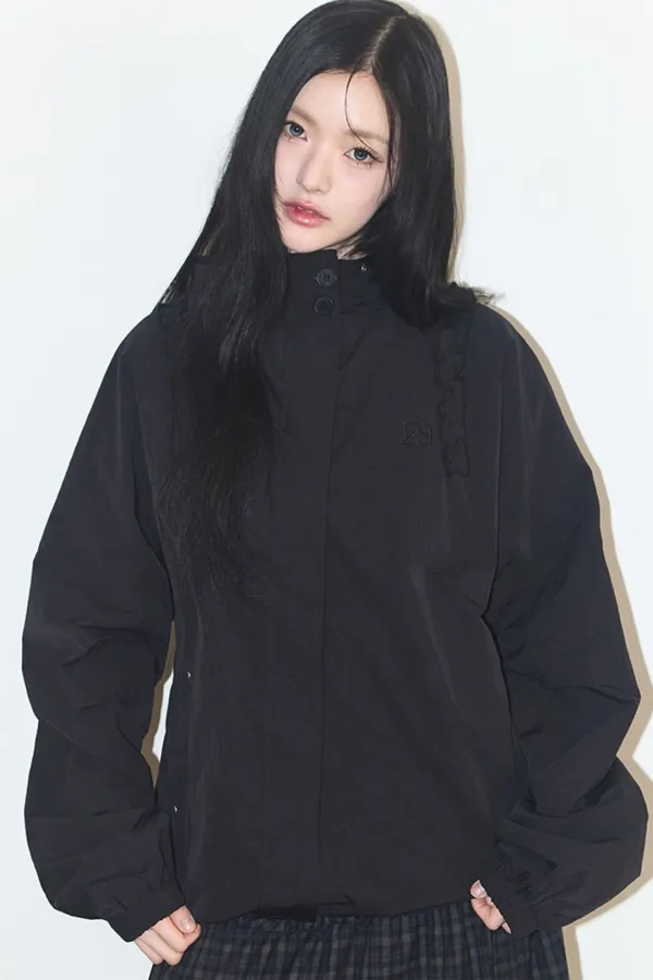 오블리크 프릴 후드 자켓 블랙
