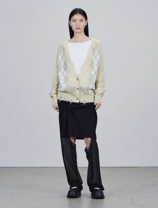 ARGYLE CHECK DESTROYED CARDIGAN [LIGHT YELLOW]