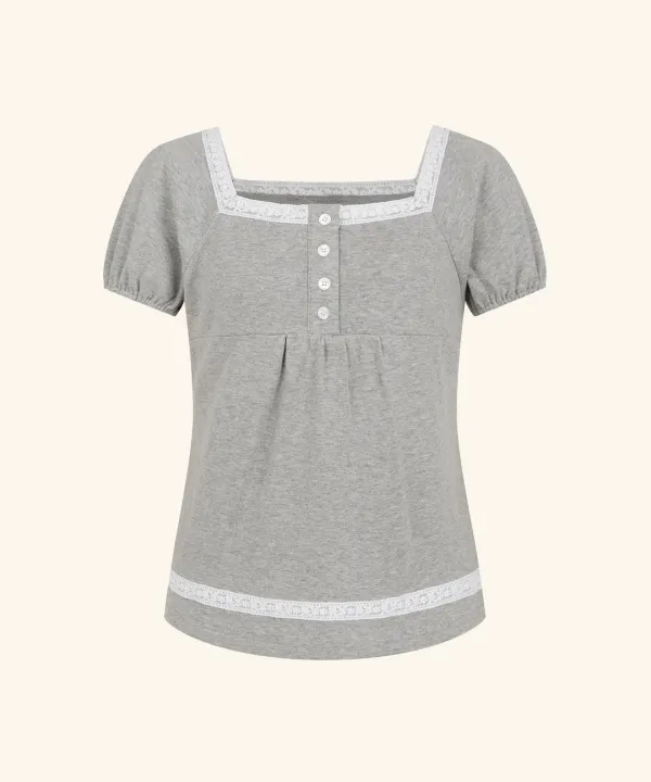 [6/2 순차배송] Sorbet Square Neck Lace Short Sleeve T-Shirt (Gray)