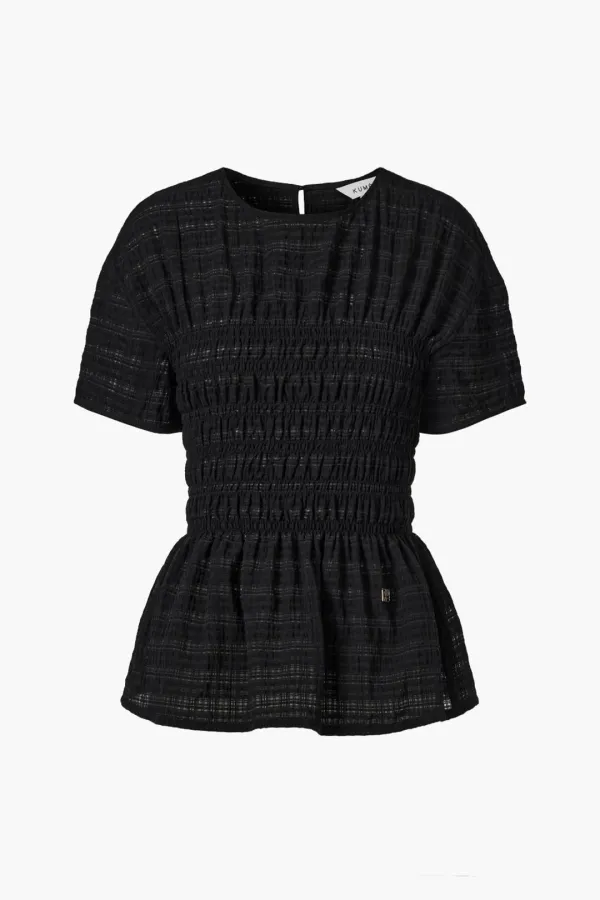 Smocked Checkered Blouse, Black