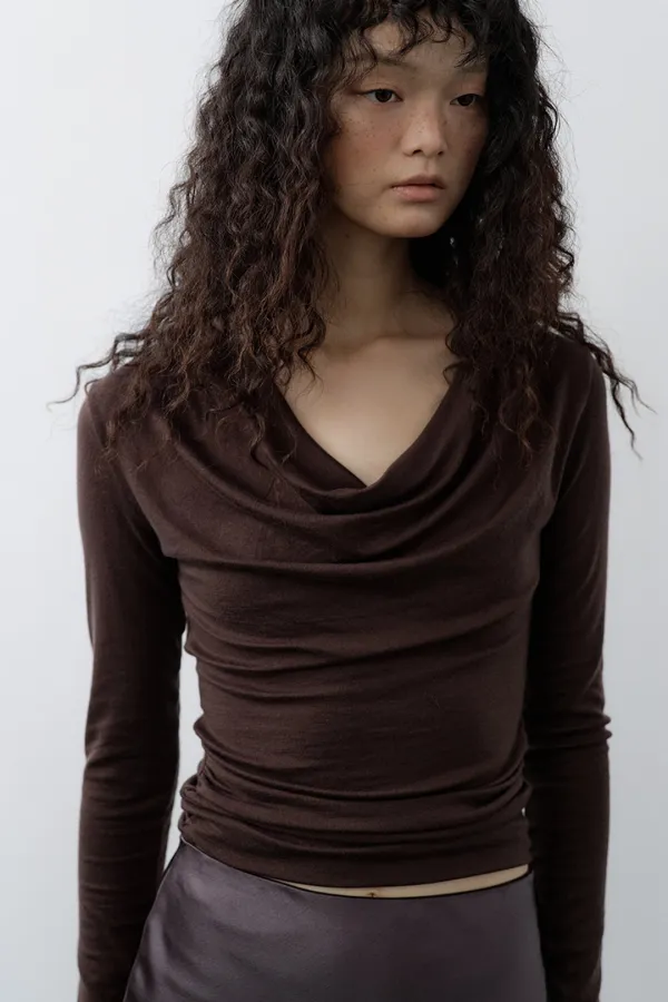 Cowl Neck Convertible-Sleeve Top (Brown)