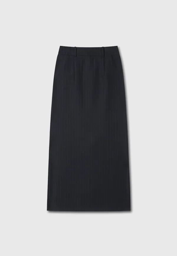 Virgin Wool Long Pencil Skirt_ Navy Pinstripe
