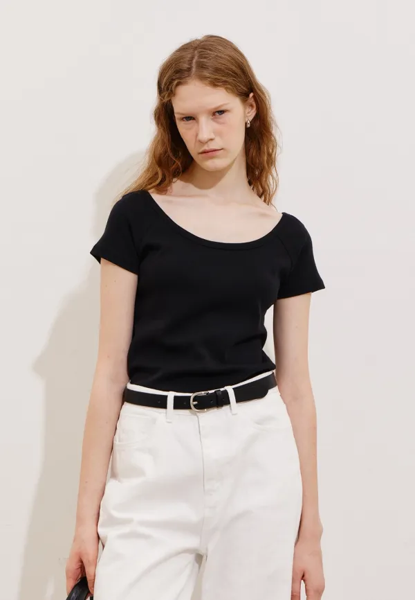 WIDE NECK CAP-SLEEVE T-SHIRTS - BLACK