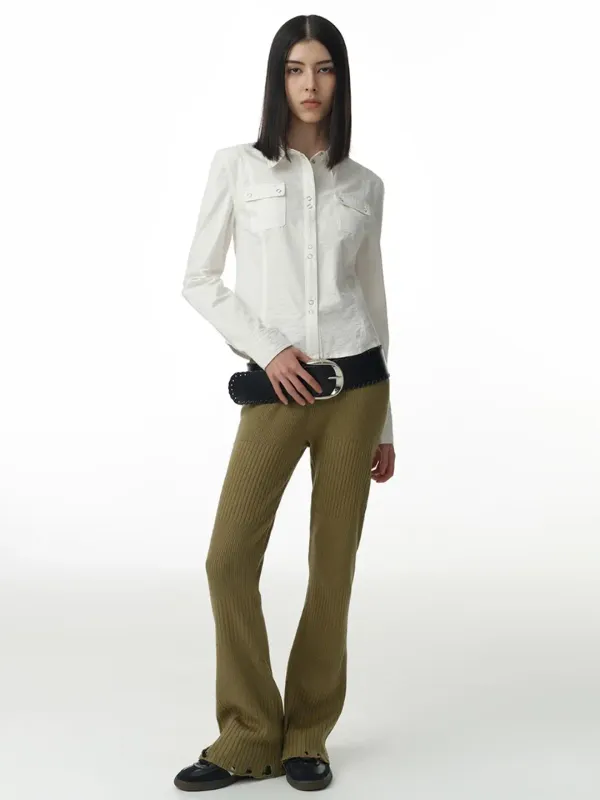 Damage Flare Knit Pants [Olive]