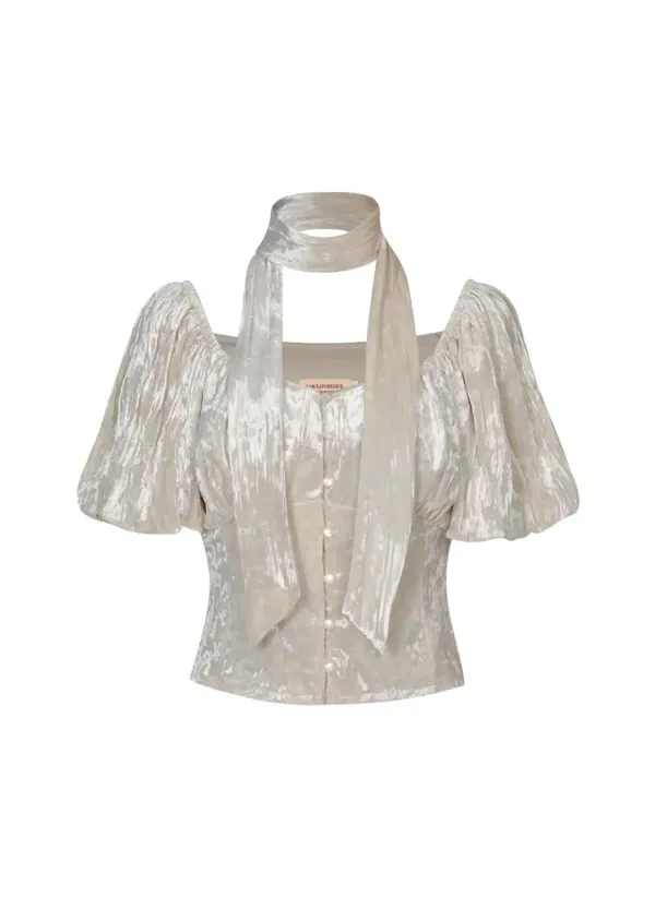 Velvet Tie Puff Blouse (Cream)
