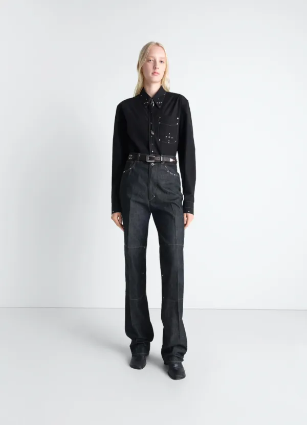 HIGH WAISTED STRAIGHT PANTS WITH STUDS IN DENIM
