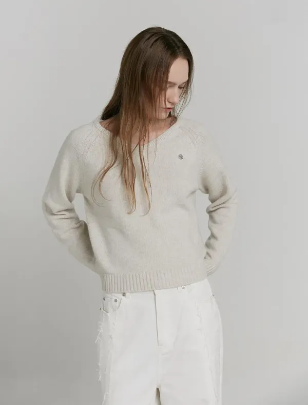 MERINO WOOL V-NECK KNIT [OATMEAL]