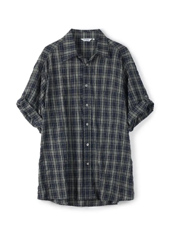 Vintage Shadow Check Roll Up Half Shirts_Faded Navy