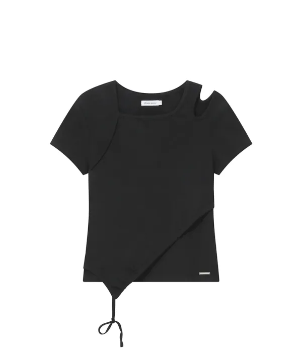 Cutout shirring layered shortsleeve BLACK