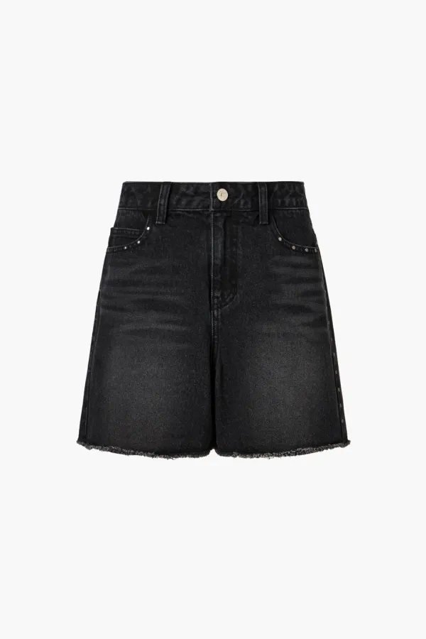 Frayed Studded Denim Shorts, Black