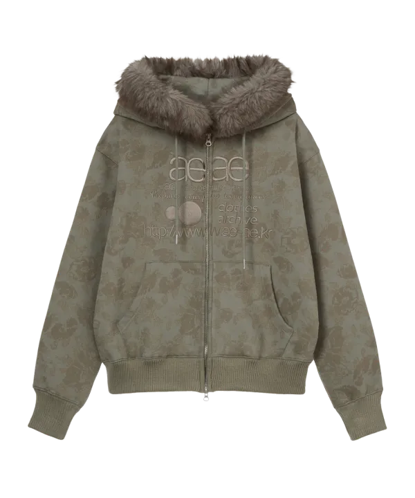 WEB LOGO FUR HOOD ZIP UP [KHAKI]