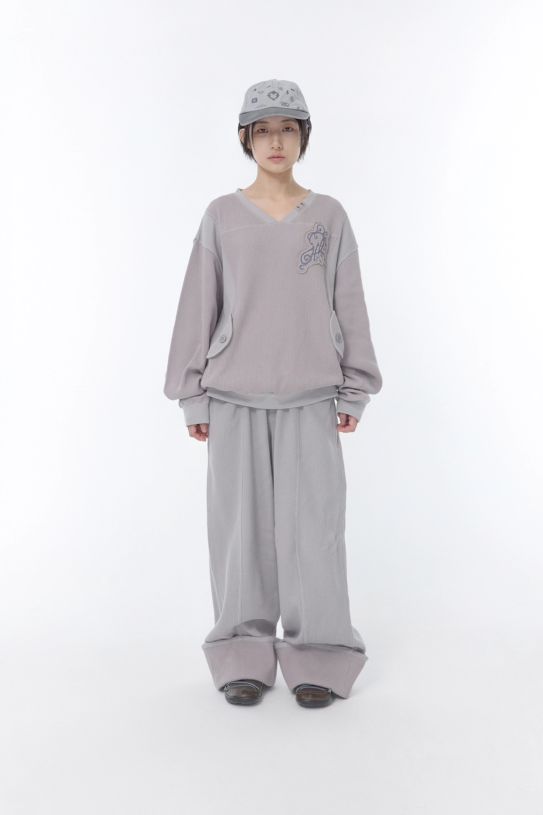 허그유어스킨 Waffle 2-tone sweat pants (Pink gray) 상품 이미지 2